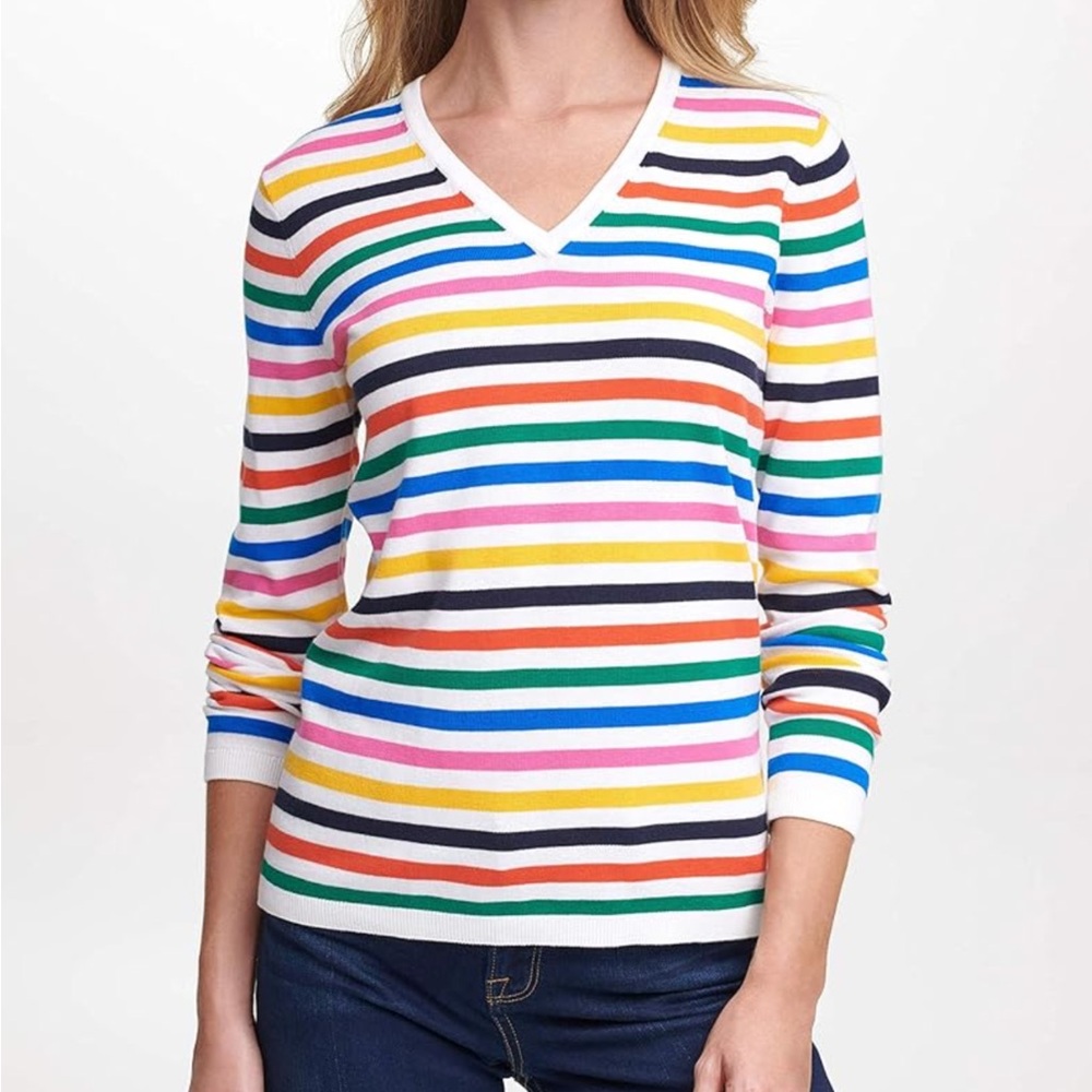 TH Vibrant Cotton Multi Colored Striped V-Neck Long Sleeve Sweater Classic Fun